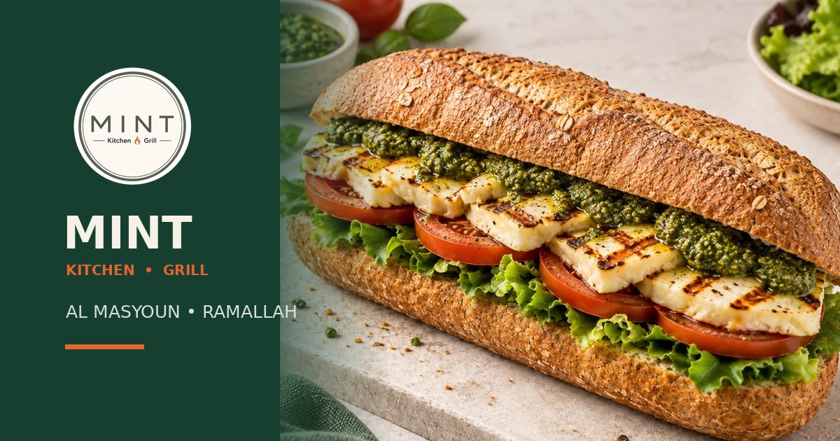 MINT Kitchen & Grill: شعار المطعم بهويته الخضراء وصورة ساندويش بيستو حلومي
